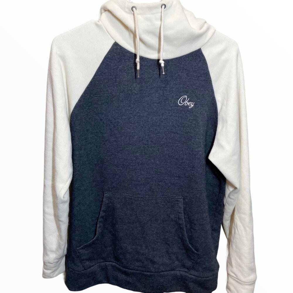Obey Funnel Neck Hoodie Color Block Sweatshirt Pocket Heathered Gray Cream Small